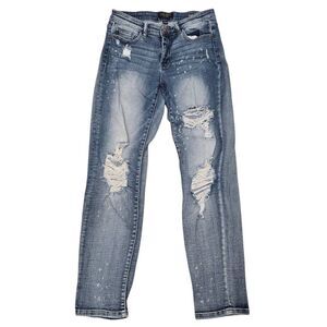Judy Blue Boyfriend Fit Jeans Women's 7/28 Blue Paint Spatter Distressed Stretch